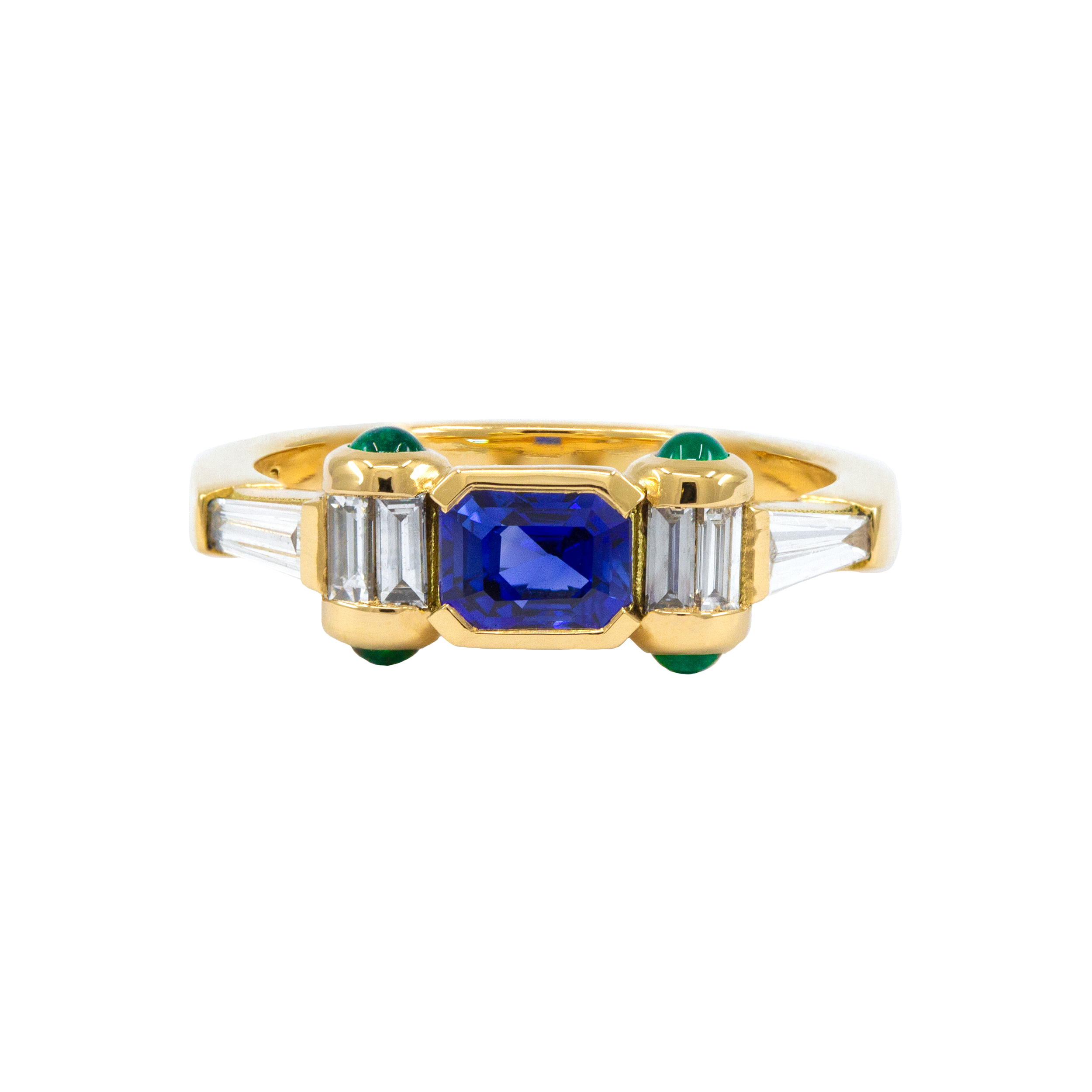 Bague Ourika, saphir bleu, diamants et émeraudes