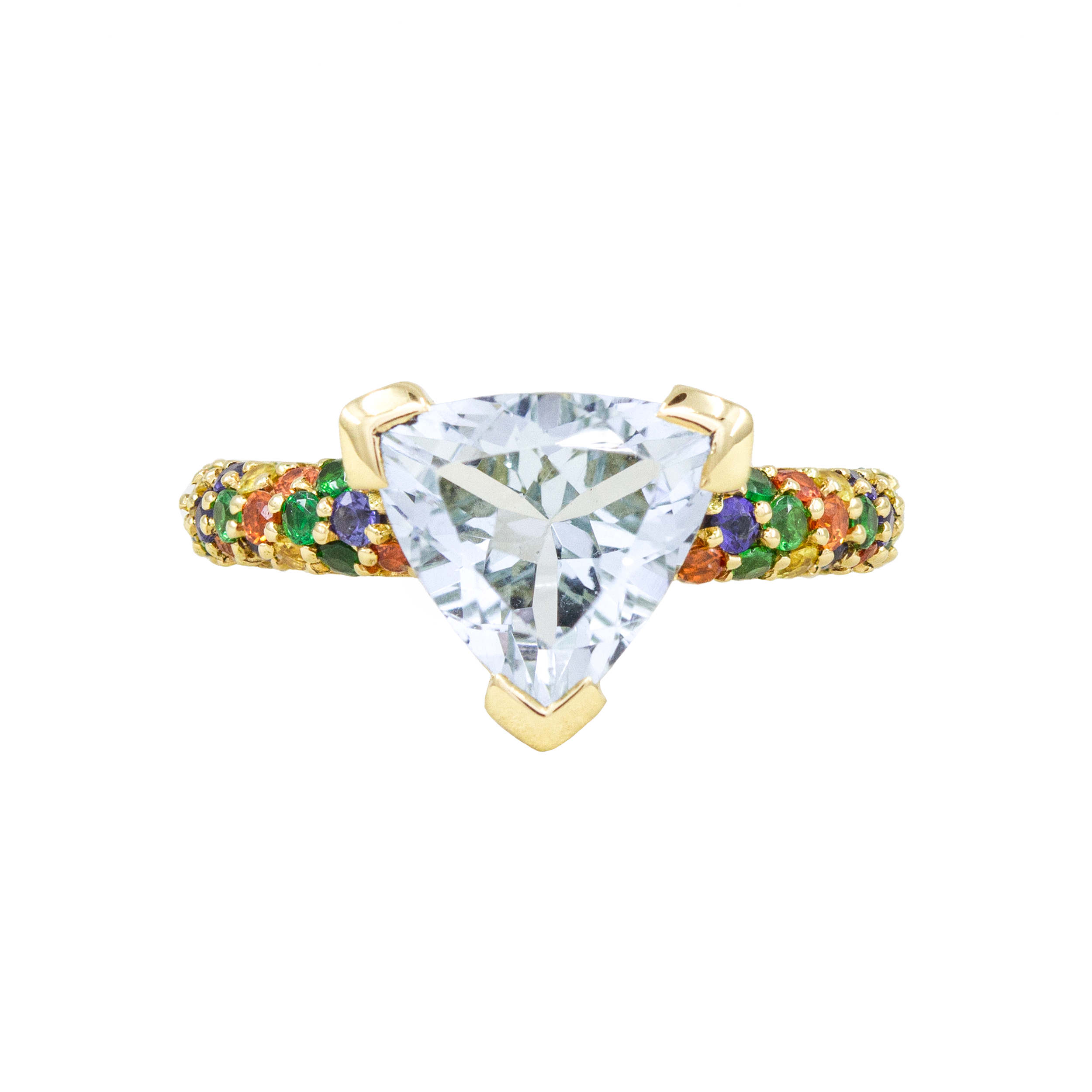 Bague Rainbow, aigue-marine, saphirs et grenats tsavorites